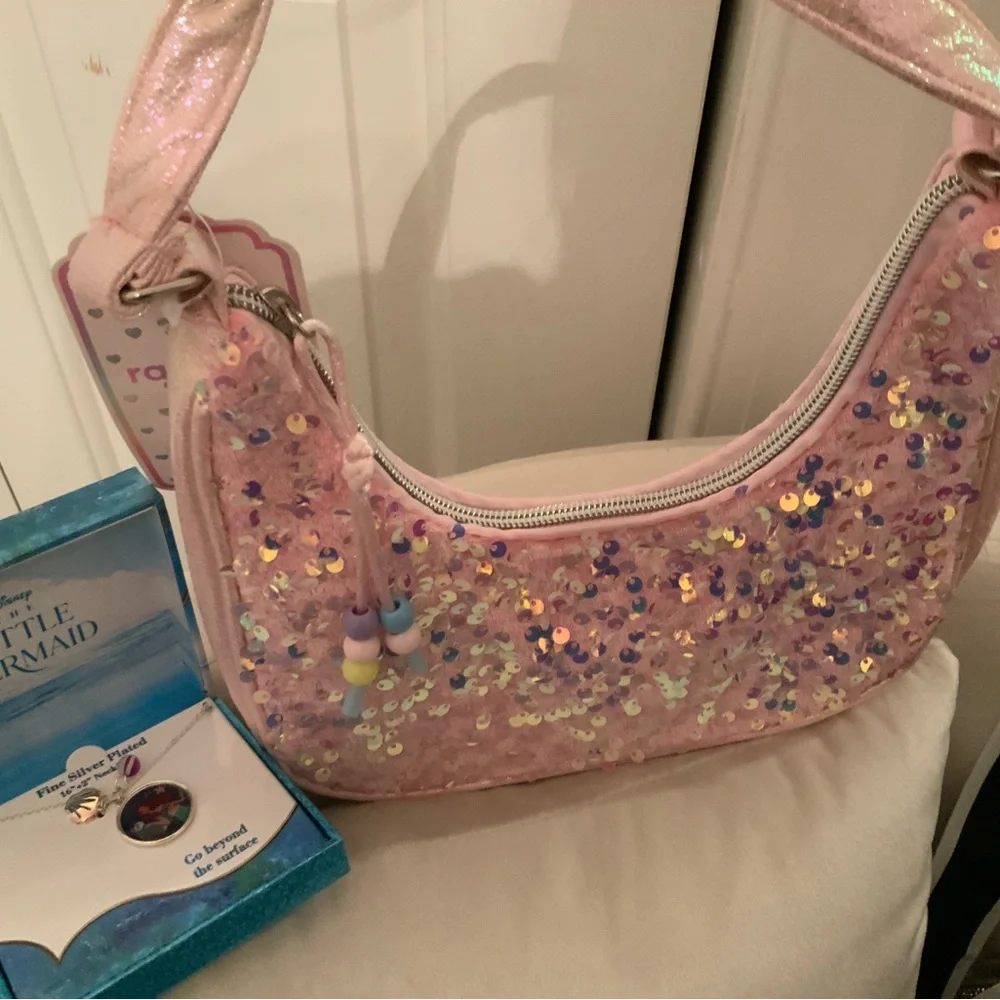 Pink Sequin little girls Shoulder Bag with little mermaid necklace